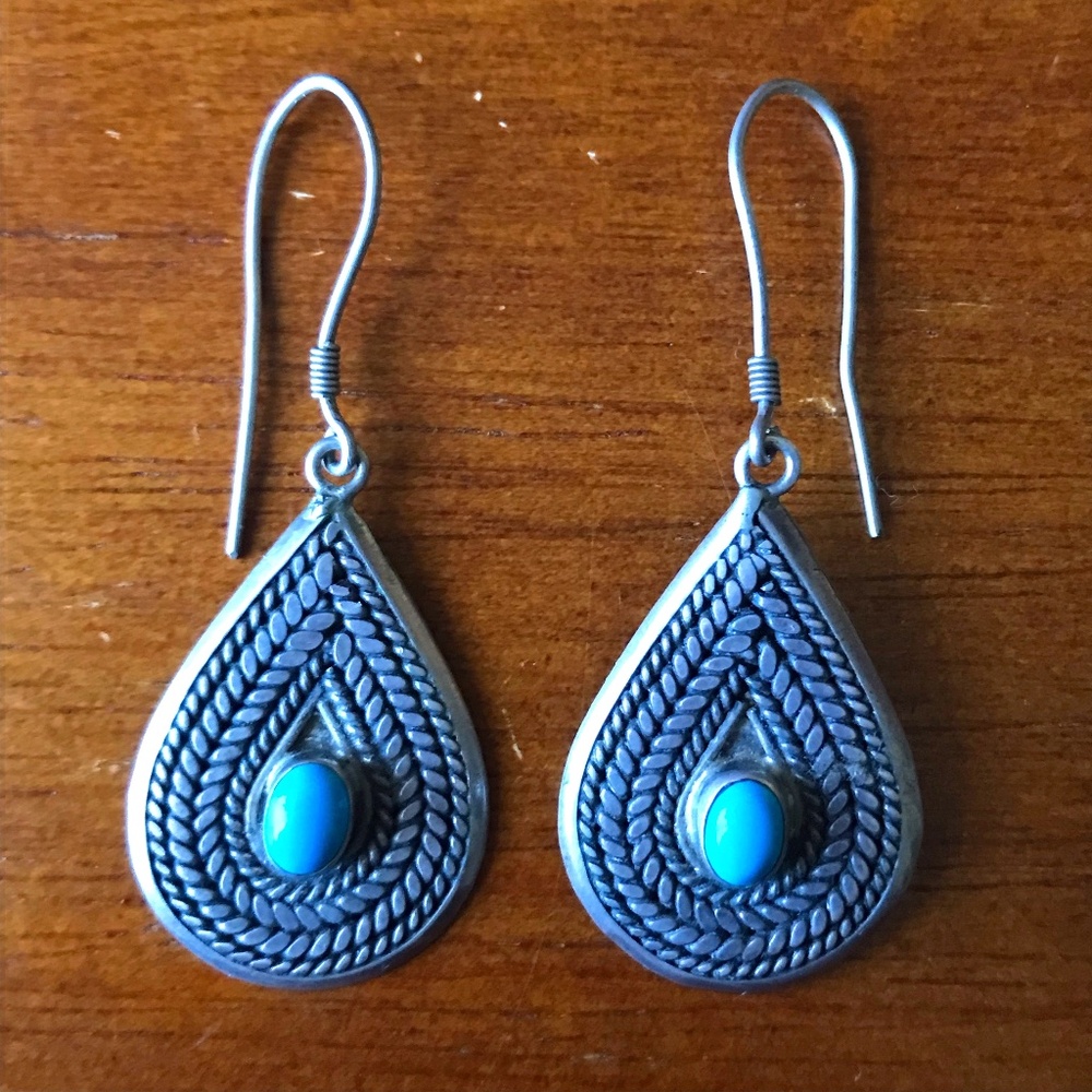Vintage Native American Sterling Silver Turquoise Teardrop Earrings